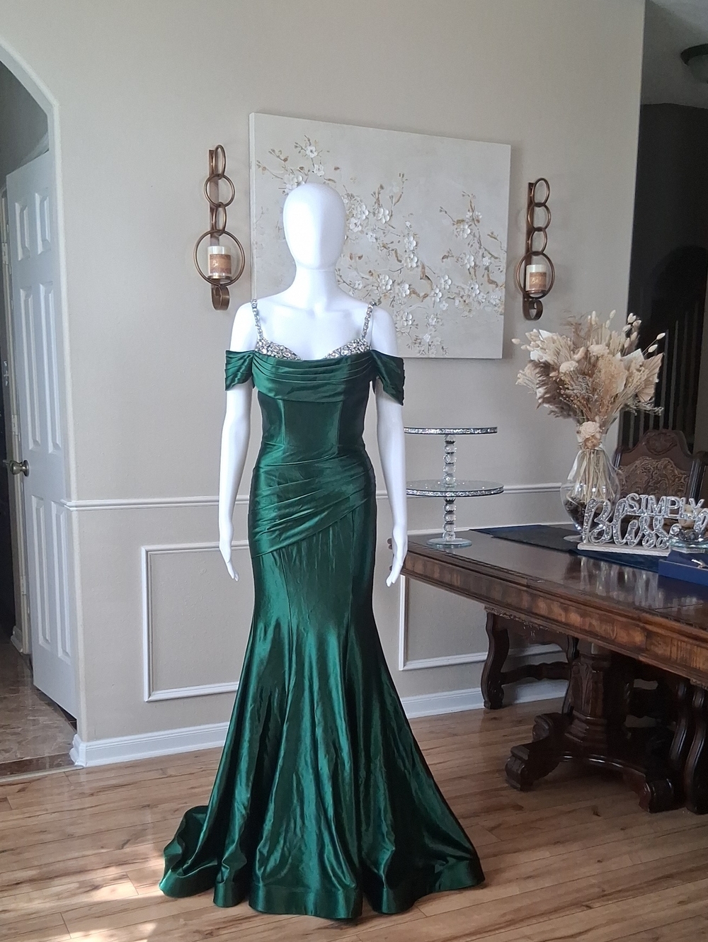 Women's Formal Glam Green Cowl Neck Sweep Train Gown Crystals Straps Small - Picture 5 of 16